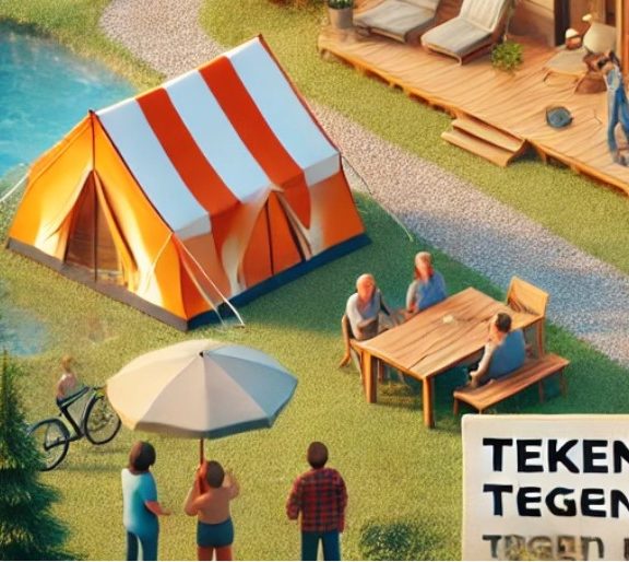 Tent op camping met kamperende mensen